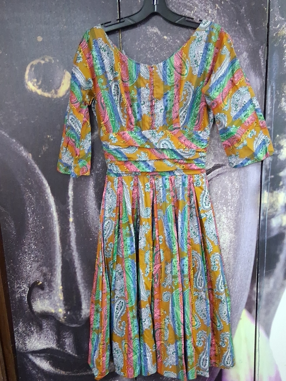 Vintage Inspired Paisley Fit & Flare Dress  with Multicolor Accents